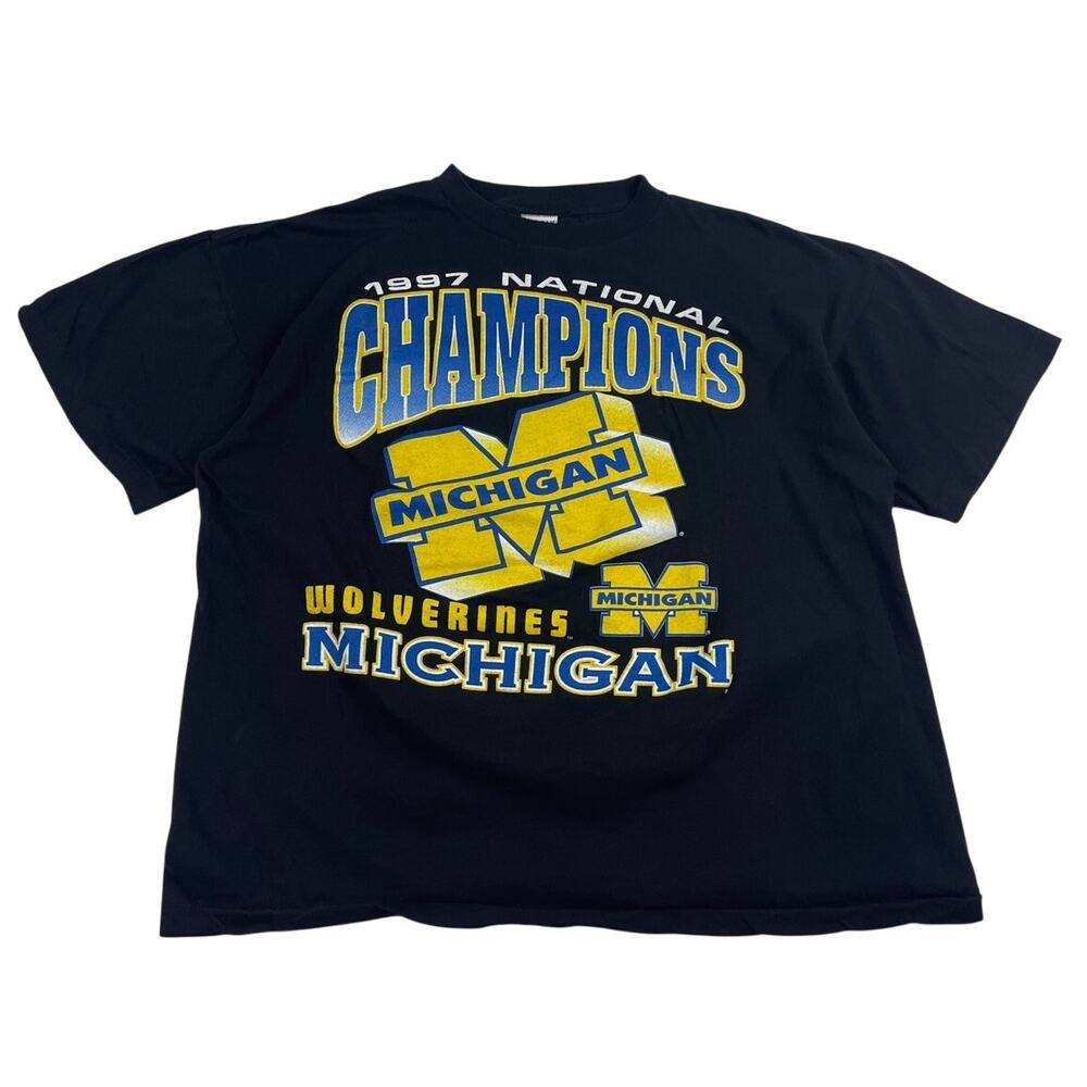 Vintage Michigan Wolverines 90s Black Big Logo Graphic Black Shirt Size XL Boxy